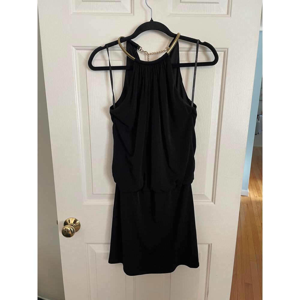 Jessica Simpson Size 2 Dress Black Matte Jersey Halter Cocktail Gold Accent Flaw